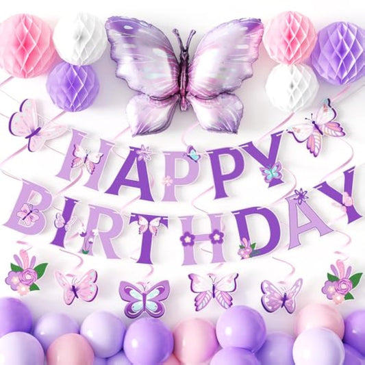Purple Pink Birthday Party Decorations - Happy Birthday Banner, Spiral Pendant, Honeycomb Ball With Big Butterfly Foil Balloon