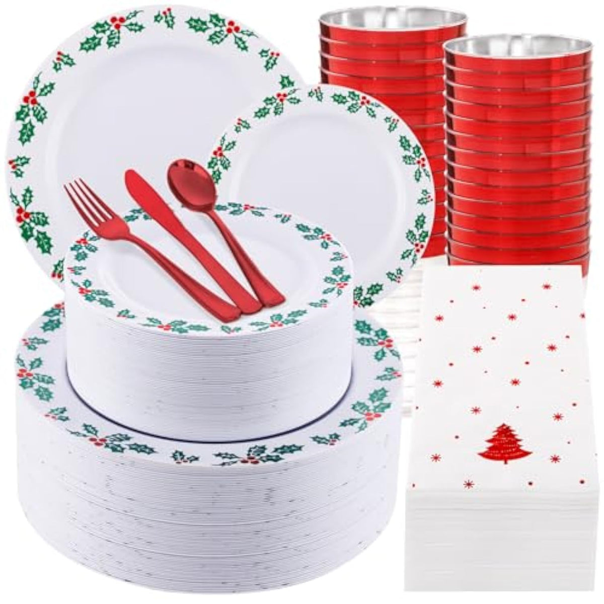 Wdf 350Pcs Christmas Plates And Napkins Set - Exquisite Holly Design - Christmas Dinnerware Set Of 50 Plastic Plates 50 Red Silverware Set&Cups& Napkins
