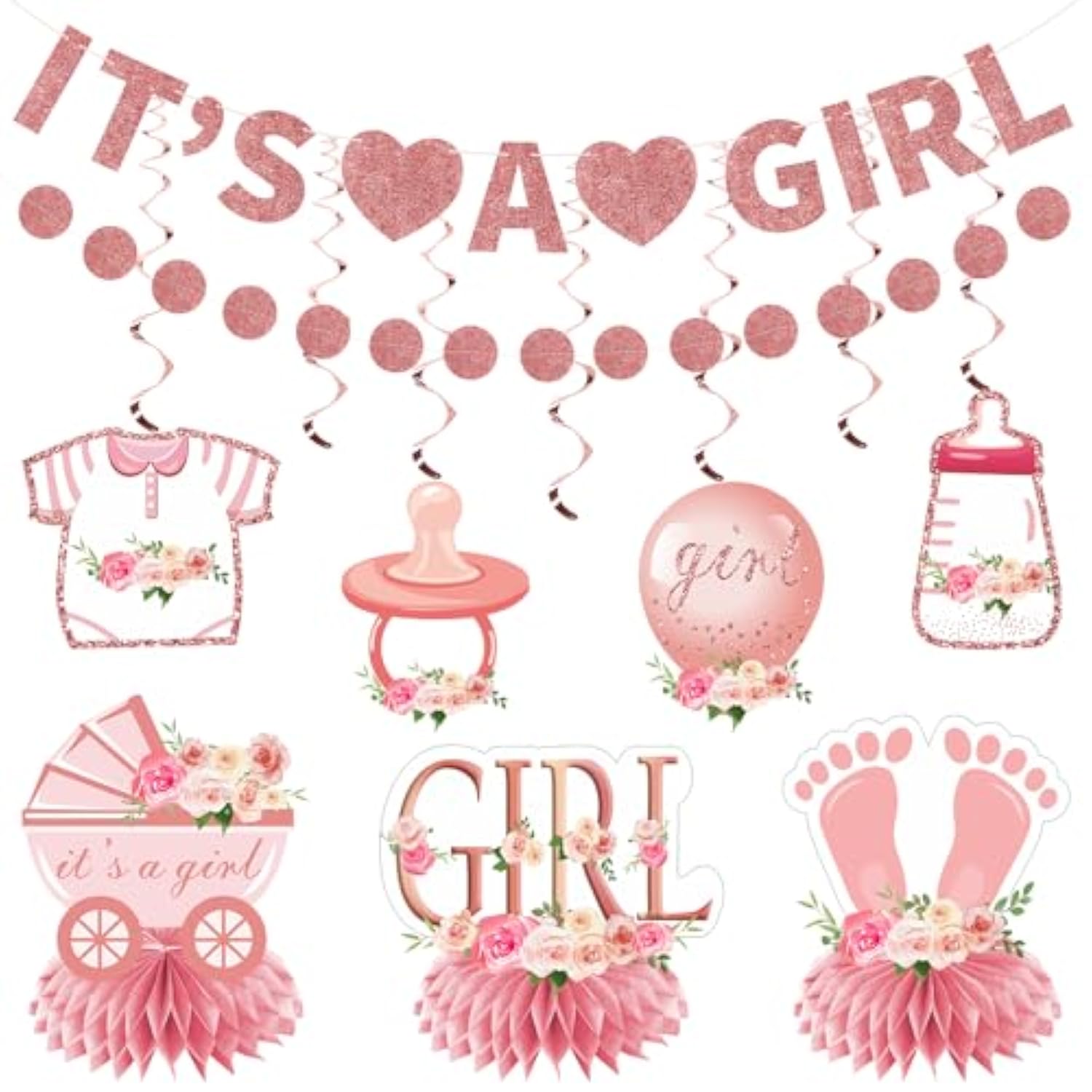 9Pcs Pink Rose Gold Baby Shower Decorations Kit For Girl, Floral It'S A Girl Gender Reveal Banner Table Centerpiece Hanging Swirls Set, Pregnancy Announcement Circle Dot Garland Banner Party Supplies