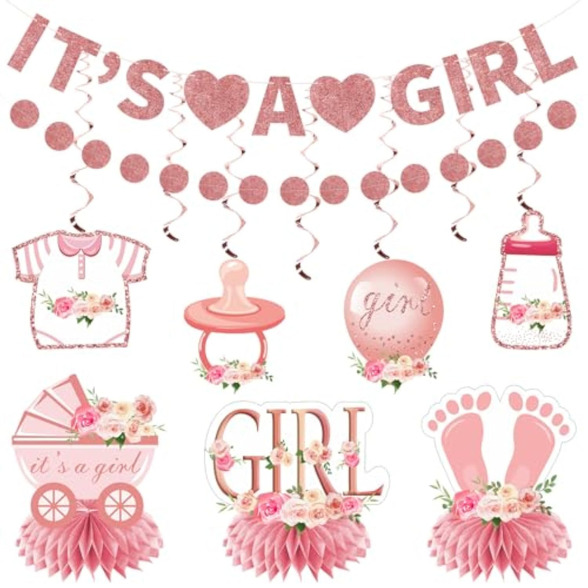 9Pcs Pink Rose Gold Baby Shower Decorations Kit For Girl, Floral It'S A Girl Gender Reveal Banner Table Centerpiece Hanging Swirls Set, Pregnancy Announcement Circle Dot Garland Banner Party Supplies