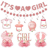 9Pcs Pink Rose Gold Baby Shower Decorations Kit For Girl, Floral It'S A Girl Gender Reveal Banner Table Centerpiece Hanging Swirls Set, Pregnancy Announcement Circle Dot Garland Banner Party Supplies