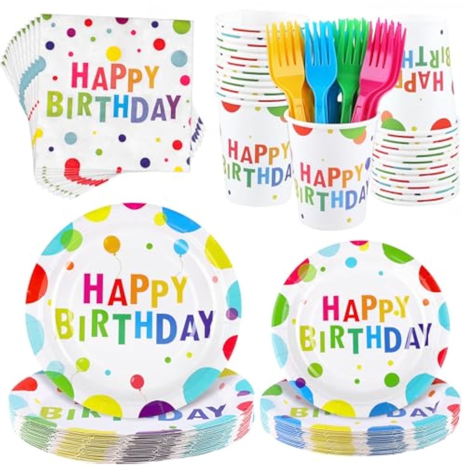 144 Pieces Happy Birthday Print Party Decorations Including Disposable Plates Napkins Cups Forks Tableware Sets Serves 24 For Birthday Party Supplies