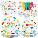 144 Pieces Happy Birthday Print Party Decorations Including Disposable Plates Napkins Cups Forks Tableware Sets Serves 24 For Birthday Party Supplies