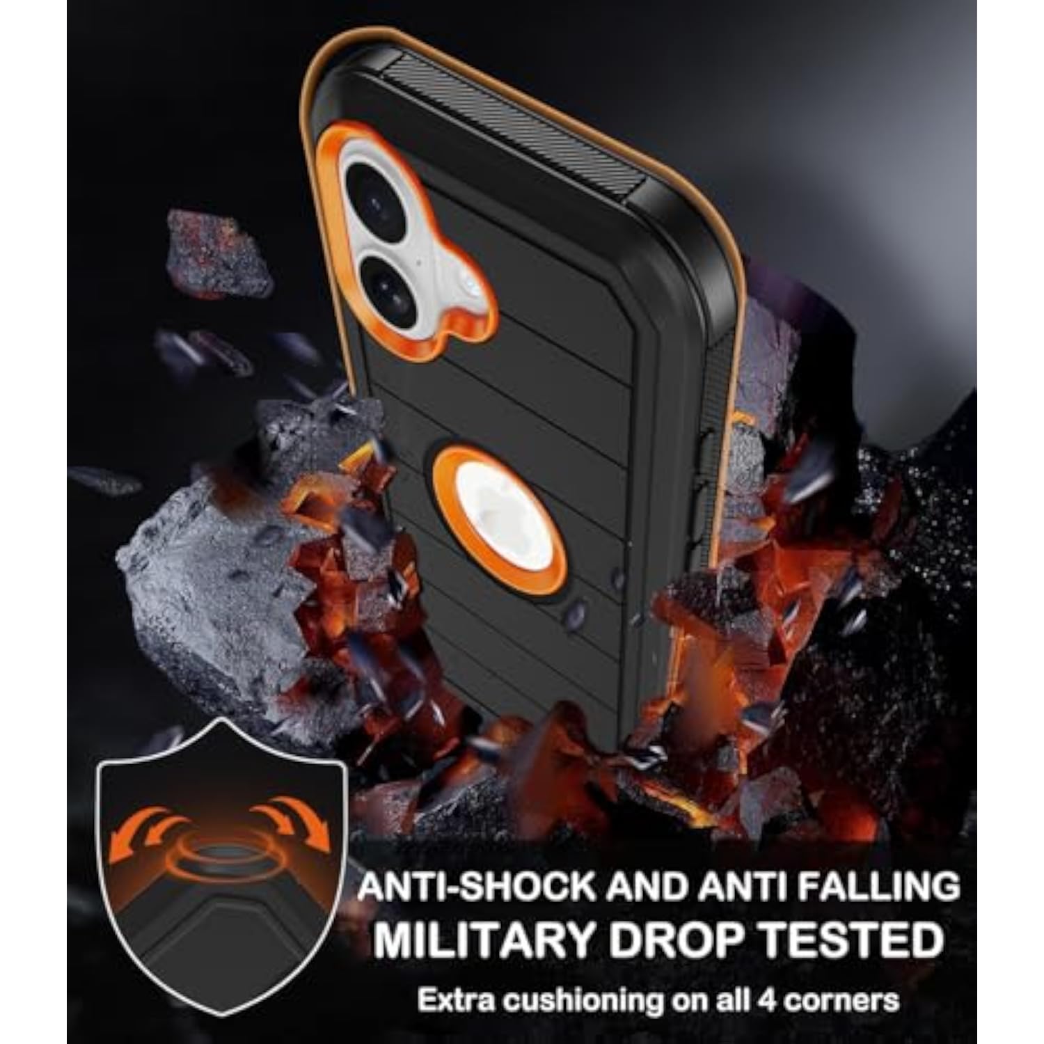 Heavy Duty Shockproof iPhone 16 Case with Belt Clip Holster, 2X Screen Protectors, 3 Layers Full Covered Rugged Durable Phone Cover with Kickstand 6.1" Black Orange