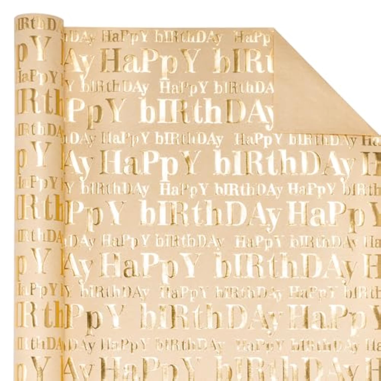 3D Kraft Birthday Wrap Roll – 17"x16.5' Gold & Brown Embossed Lettering Design