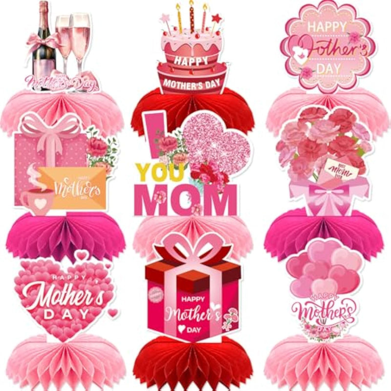 9Pcs Mother’S Day Honeycomb Decorations – Heart, Flower, Gift, And Cake Stand-Up Displays For Party And Home Décor – Mother’S Day Party Supplies