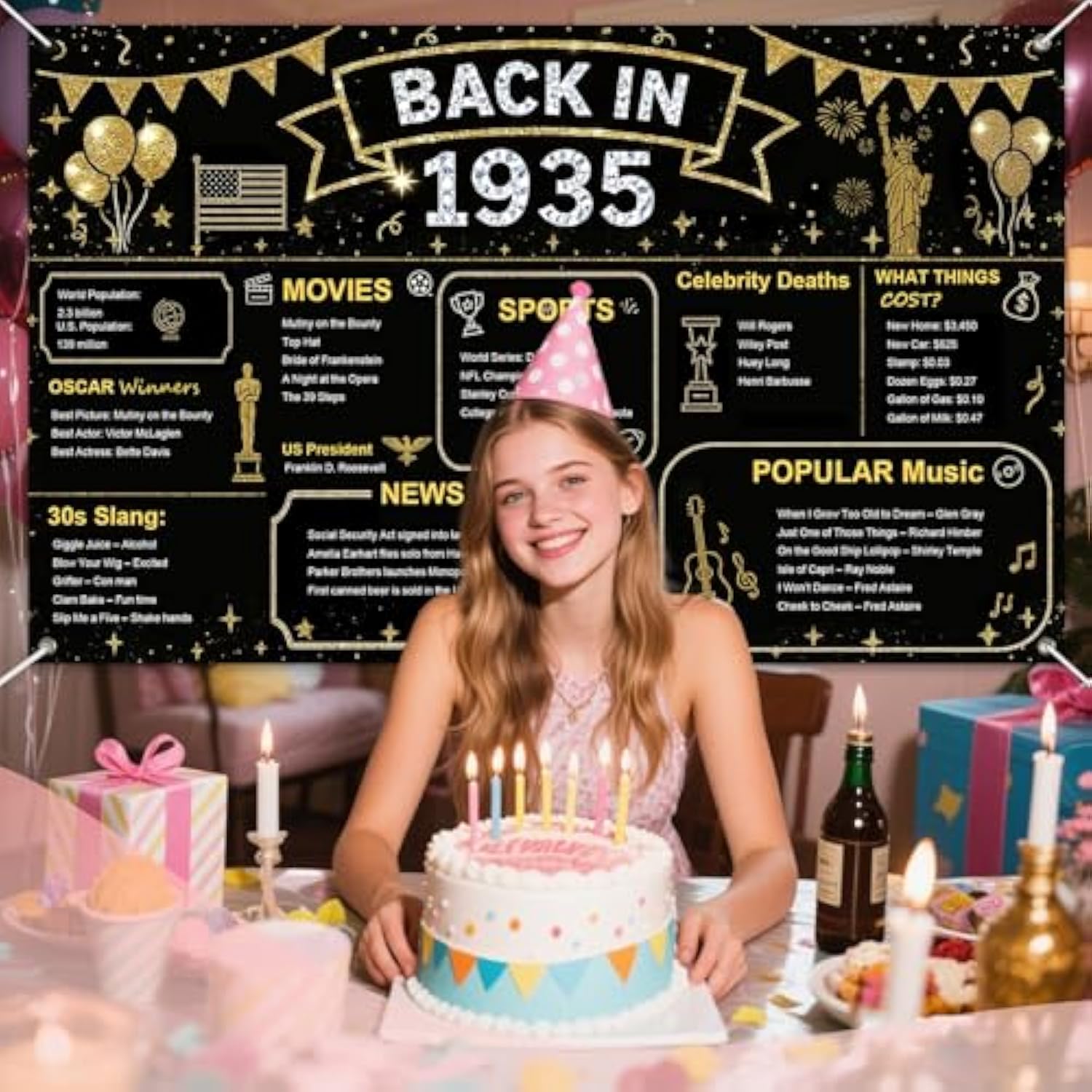 Back In 1935 Backdrop Banner 71X43 Inch Black And Gold Birthday Party Decorations Photography Background Photo Booth Props For Men Women