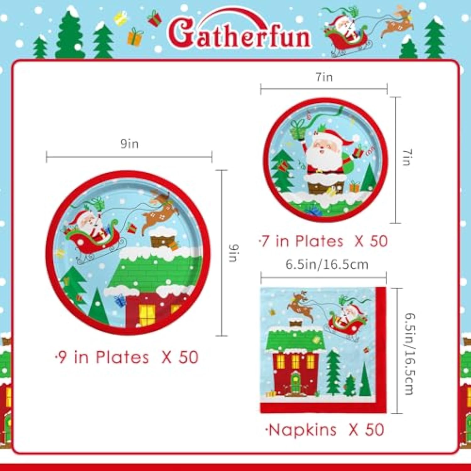 Christmas Party Supplies - Christmas Santa-Themed Disposable Paper Plates And Napkins - Perfect Merry Christmas Party Decorations?Serve 50