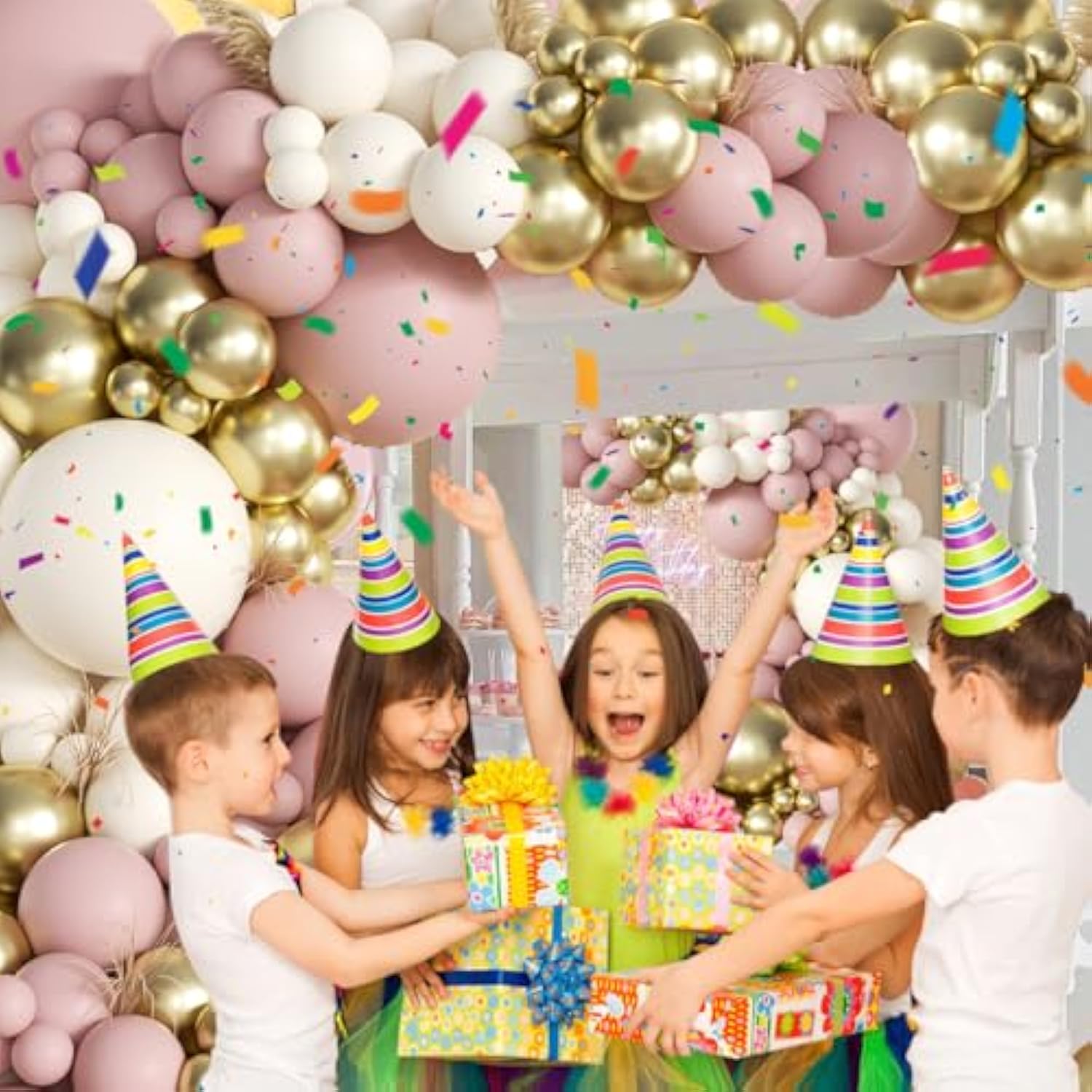 Pink White Gold Balloons Arch Kit, 155Pcs Dusty Pink Matte White Metallic Gold Balloon Garland For Birthday Bridal Baby Shower Wedding Confession Proposal Party Decorations