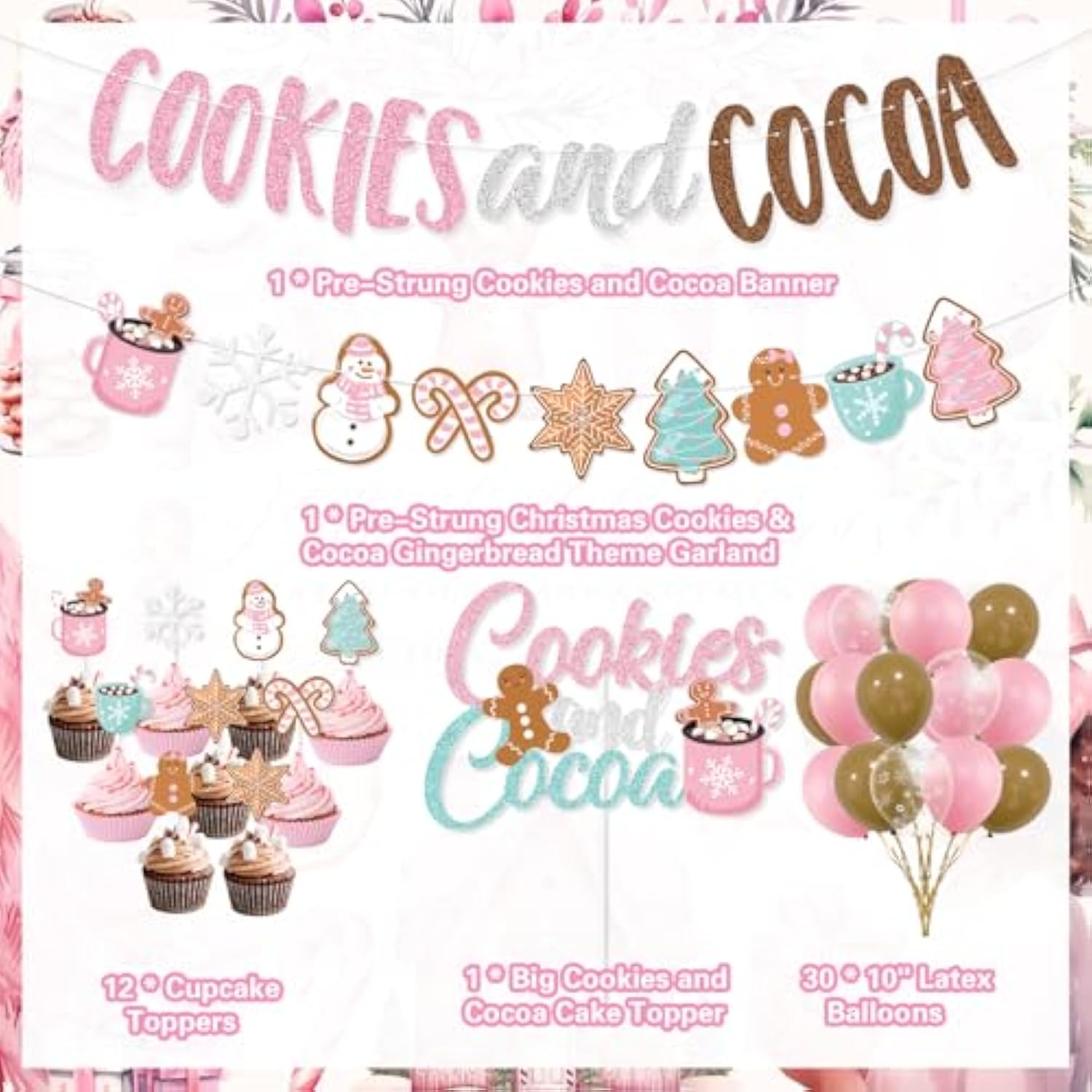 Cookies And Cocoa Party Decorations, Pink Cookies And Cocoa Banner Christmas Gingerbread Man Banner Cake Topper Balloons For Christmas Hot Cocoa Bar Supplies Birthday Party Decorations