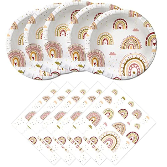 Boho Rainbow Party Plates & Napkins Set – Serves 20 Guests for Any Celebration