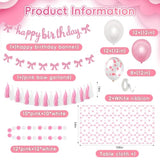 Pink Bow Birthday Party Decorations Set, Girl Bow Themed Glittery Happy Birthday Banner Pom Pom Garland Tassel Garland Tablecloth Pink And White Balloons Decor For Women 18Th 21St 30Th Party Supplies