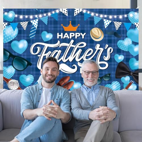Father's Day Backdrop, Happy Fathers Day Decorations Blue Plaid Dad Party Banner Background with Crown Mustache Glasses Tie Hat for Fathers Day Photo Booth, 71 x 43 Inch