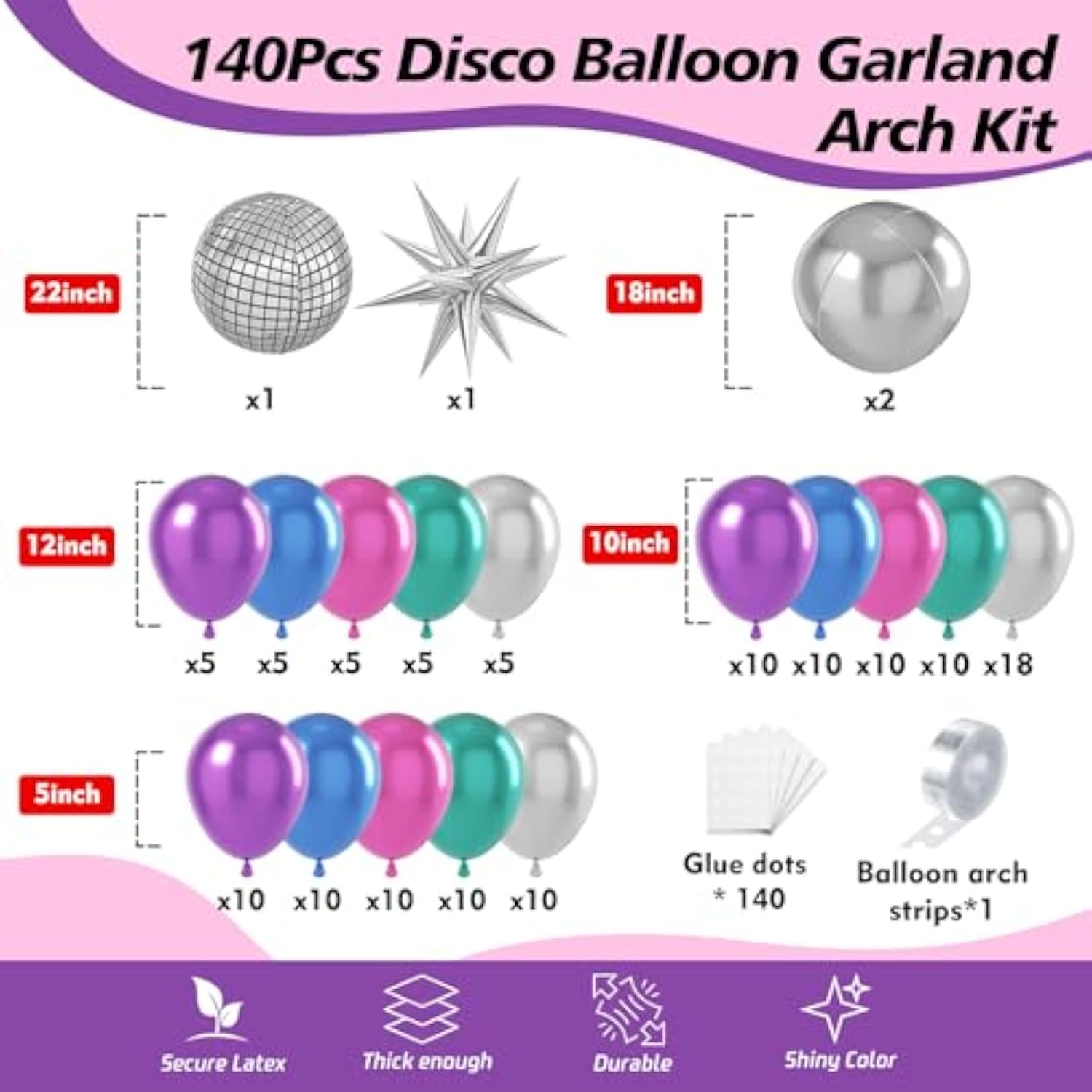 Disco Balloon Garland Kit – Metallic Purple, Blue, Pink, Green & Silver Balloons for 70s-90s Party