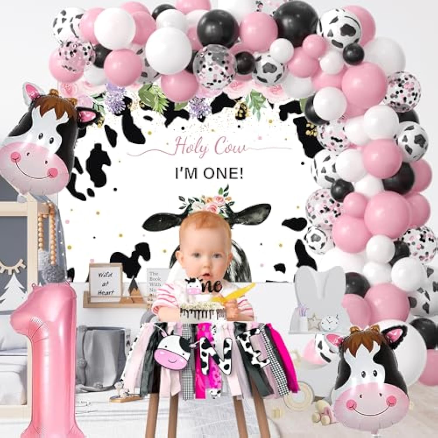 Holy Cow I'M One Birthday Decorations Girl - Farm Cow Theme First Birthday Party Supplies, Balloon Boxes, Backdrop, Banner, Balloon Arch, Highchair Banner