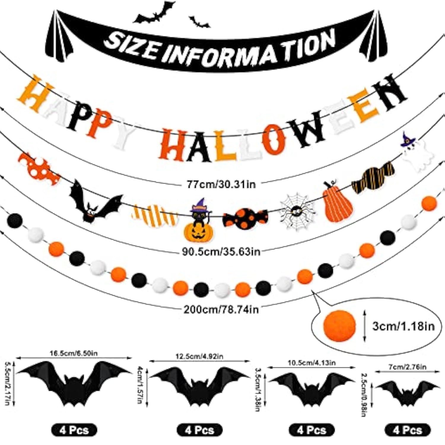 Halloween Banner Pom Pom Garland Set with Bat Candy Banner and Black Bat Wall Sticker