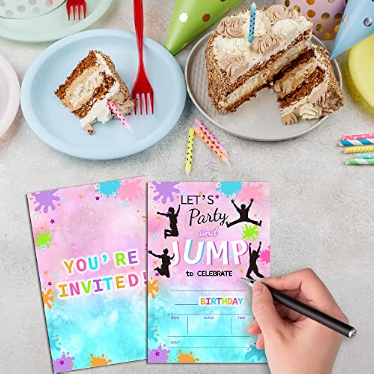 Jump Birthday Invitations For Kids, Slime Birthday Party Invitation Cards, Trampoline Park Party Celebration Supplies Decoration -20 Fill In Invitations With Envelopes (B20)