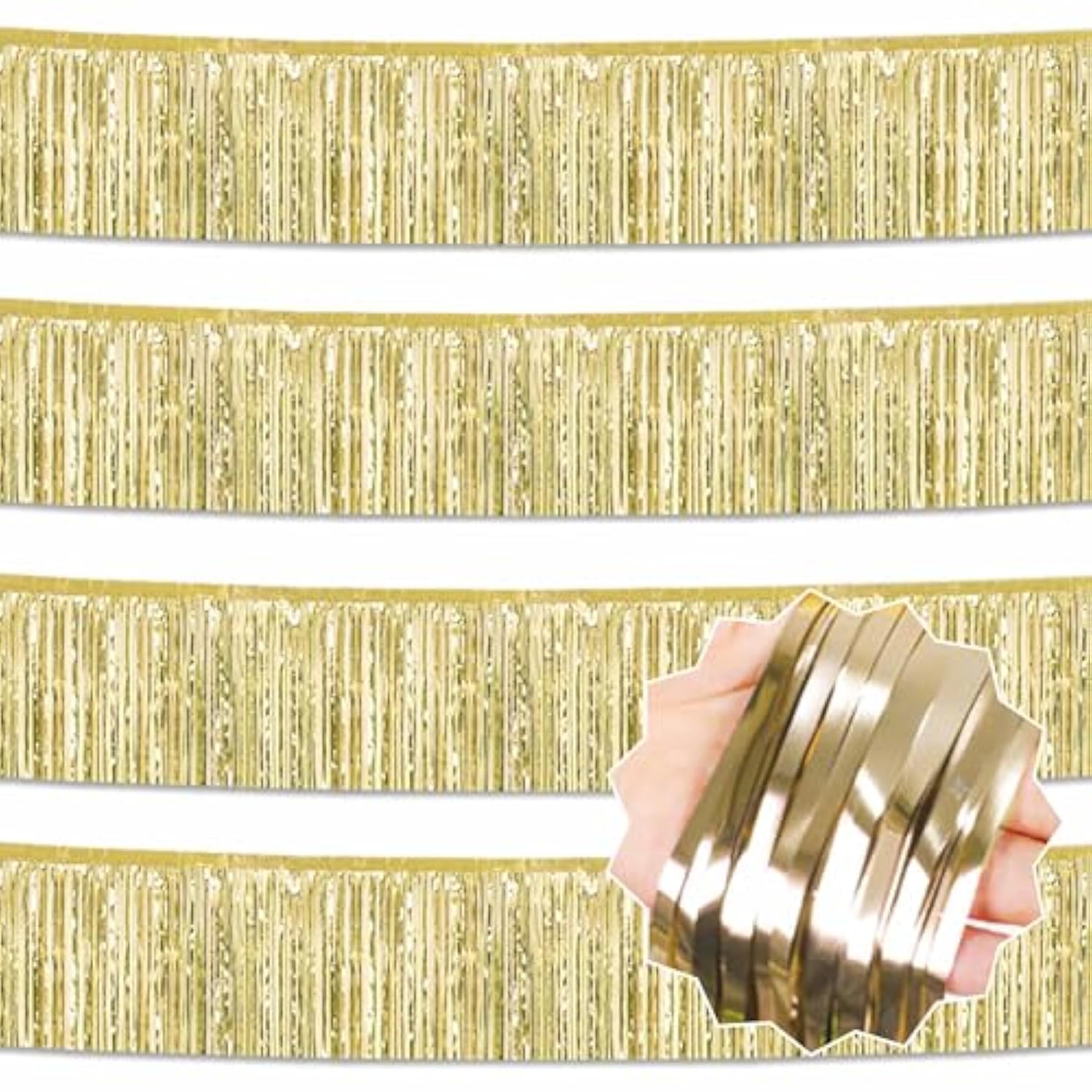 4 Pack 10 Ft Light Gold Foil Fringe Garland Metallic Streamers Tinsel Banner Wall Hanging Garland Backdrop For Parade Floats, Halloween, Christmas, Thanksgiving, New Year Party Decorations