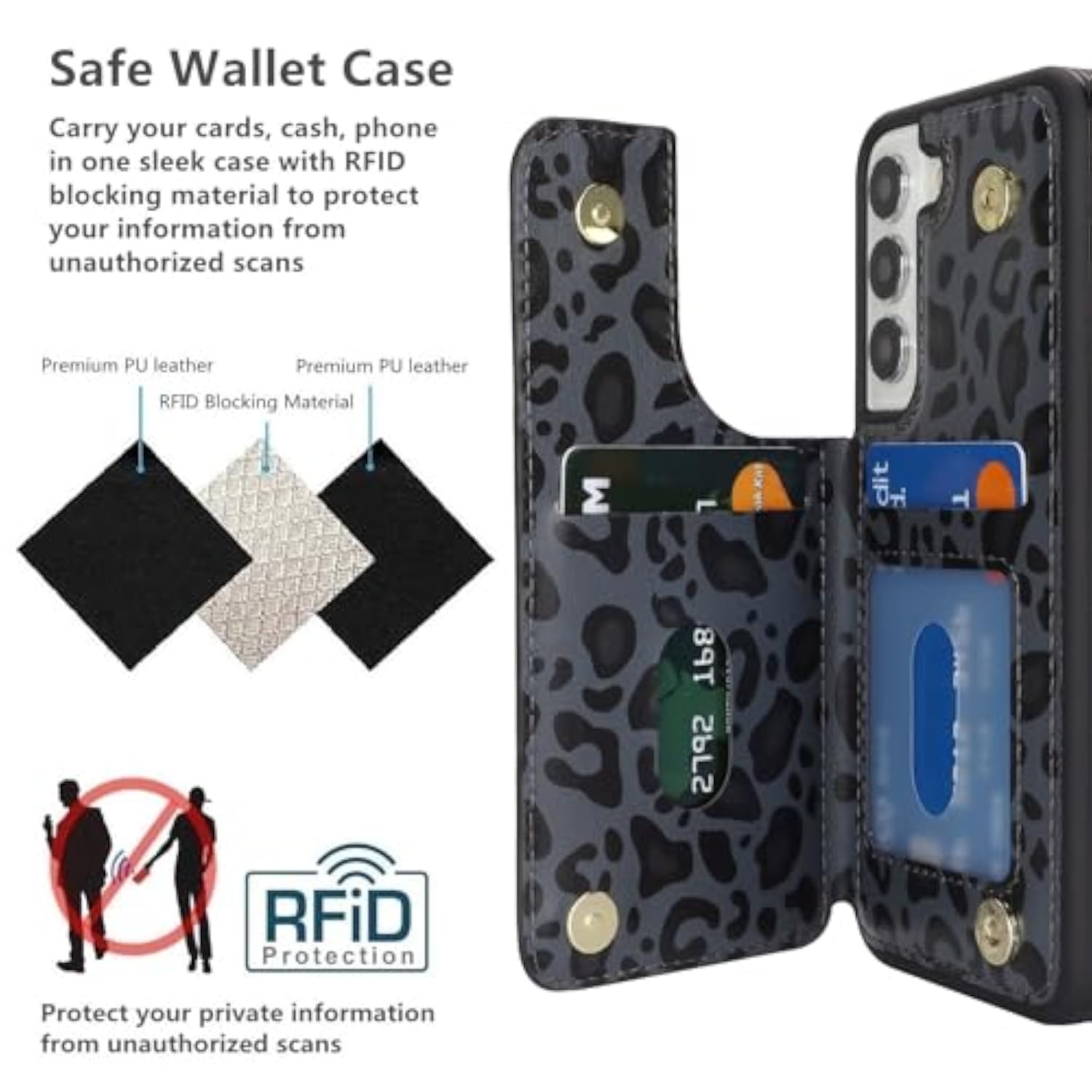 Samsung Galaxy S22 5G Phone Case with Card Holder and RFID Blocking - Black Leopard PU Leather Protective Case for Women and Men
