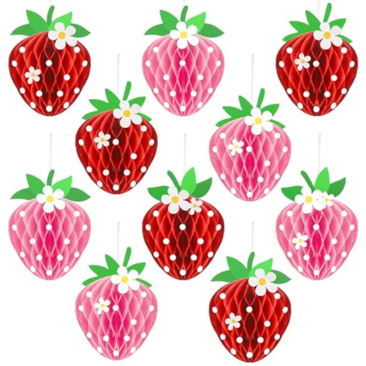 24 Pcs Strawberry Party Decorations Strawberry Honeycomb Balls Birthday Favors Berry First Theme Table Centerpieces Tissue Paper Honeycomb Tabletop Hanging Decor Party Supplies(Red, Pink)