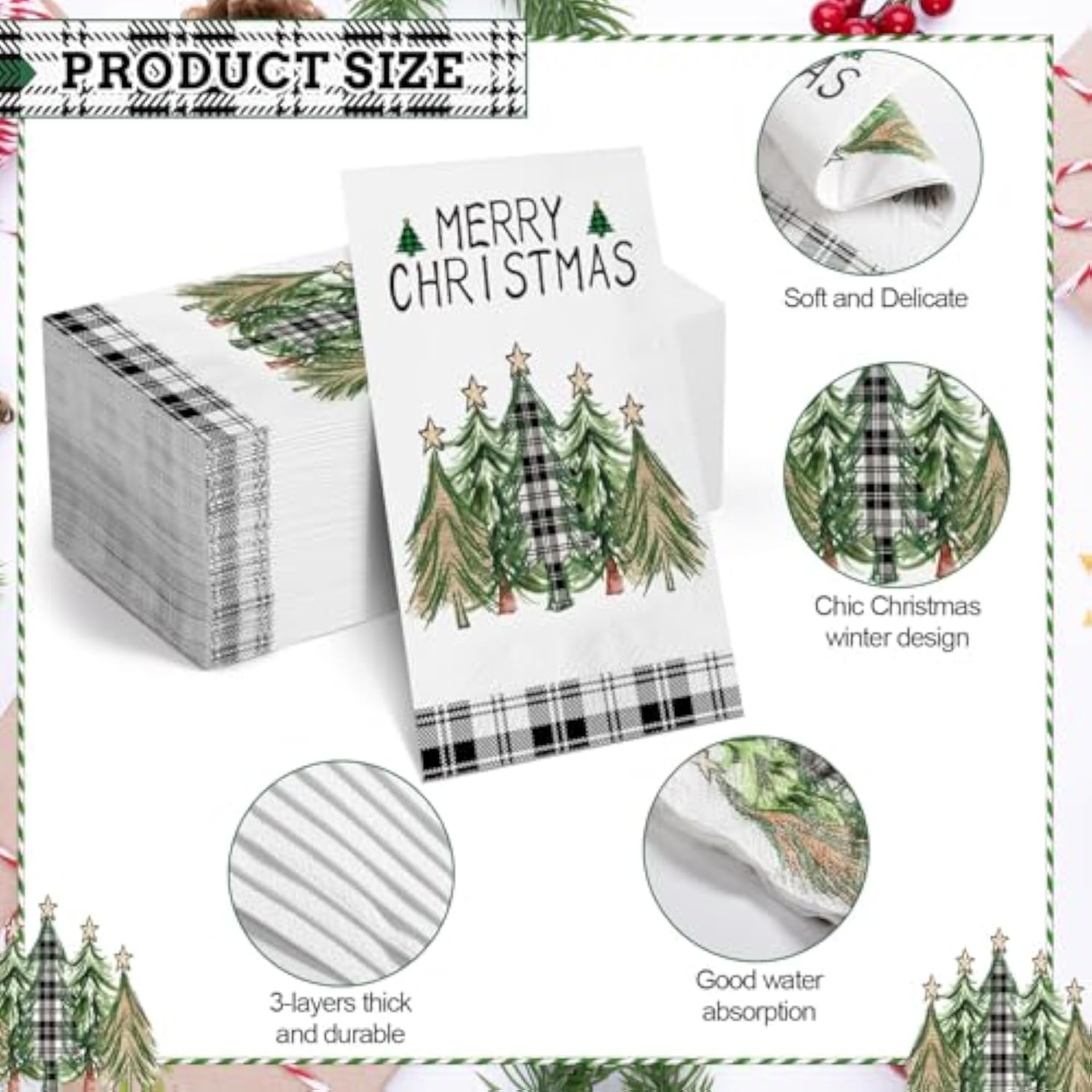 100 Pcs Christmas Tree Beverage Napkins Disposable Hand Towels For Bathroom 3 Ply Christmas Paper Napkins Xmas Tree Buffalo Plaid Napkins For Winter Holiday Wedding Birthday Party(Classic)