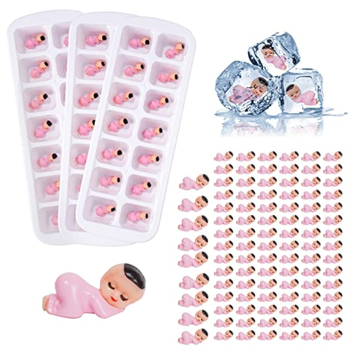 My Water Broke Baby Shower Game With 100 Mini Plastic Babies, 3 Ice Cube Trays, For Party Decorations Baby Shower Games (Pink)