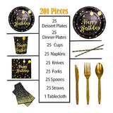 201 Pieces Gold Disposable Party Dinnerware Set &Golden Dot Birthday Black Paper Plates Napkins Cups, Gold Plastic Forks Knives Spoons (25 Guests)