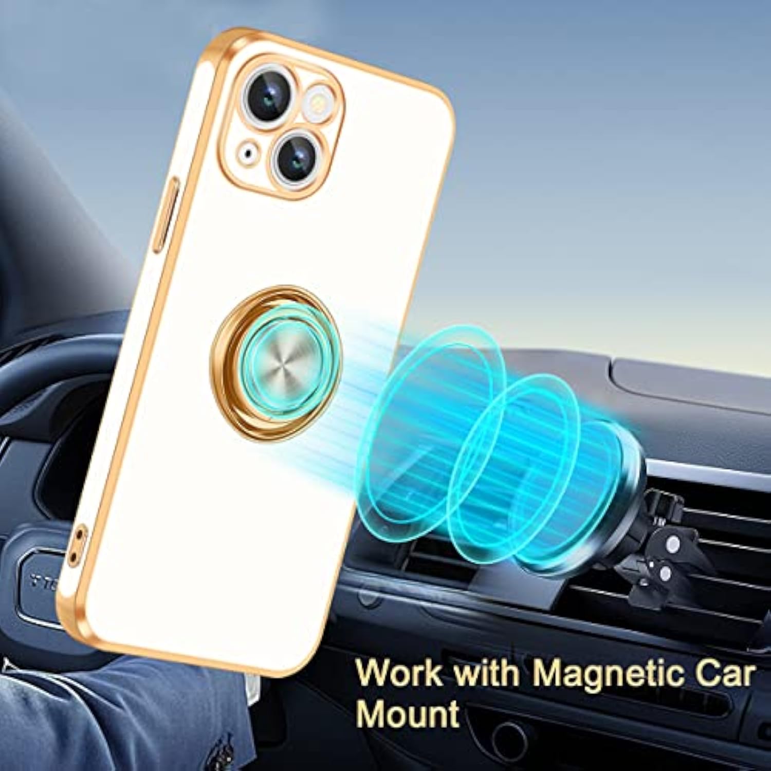 For Iphone 13 Case,For Iphone 13 Case With Ring Stand[360° Rotatable Ring Holder Magnetic Kickstand][Shiny Plating Gold Edge] Slim Soft Tpu Shockproof Protective Cover Case For Women Men,White