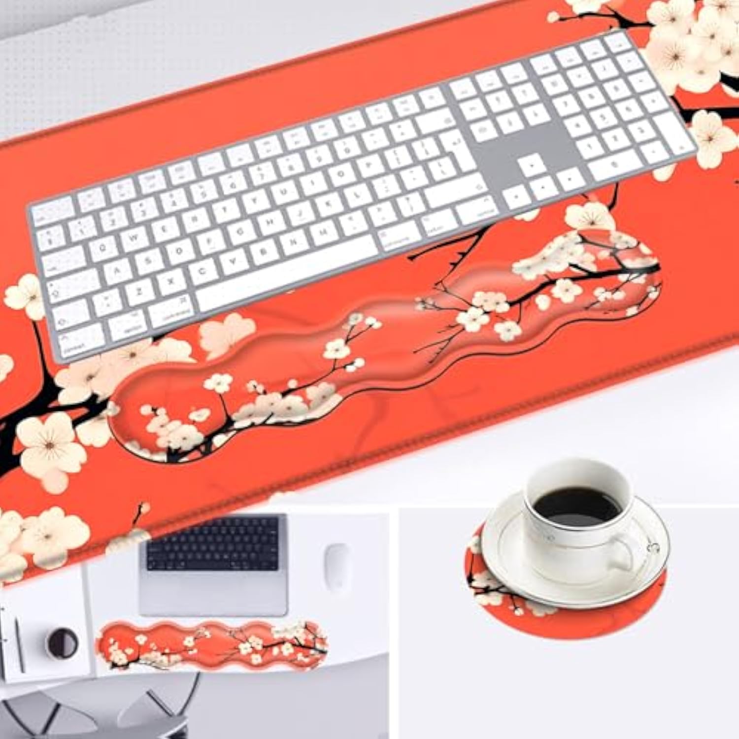 Large Mouse Pad And Keyboard Wrist Rest, Desk Pad For Keyboard And Mouse, 4-In-1 Large Gaming Mouse Pad With Wrist Support, Desk Mat For Home Office Study Game,Beautiful Flowers