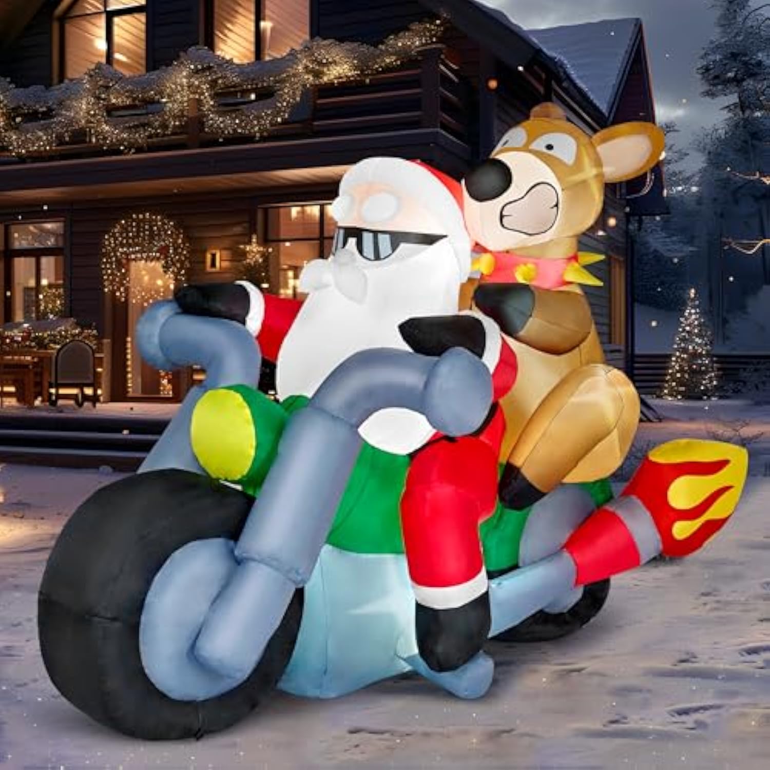 7 Ft Long Christmas Inflatables Outdoor Decorations, Inflatable Santa Riding Motorcycle With Reindeer, Blow Up Yard Deco