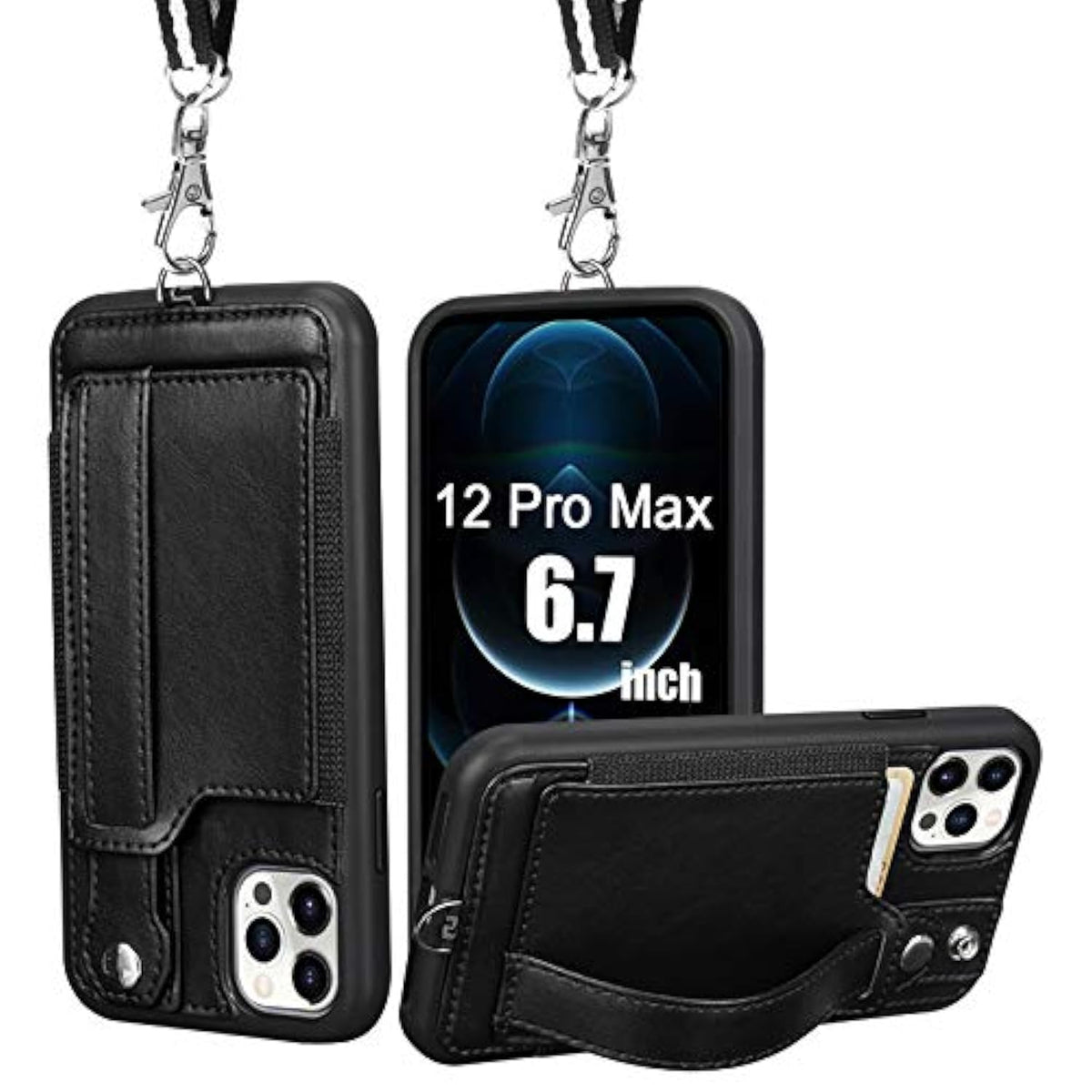 Wallet Case For Iphone 12 Pro Max Lanyard Case With Pu Leather Kickstand Detachable Neck Strap Cover For Iphone 12 Pro Max 6.7" For Men Women Black