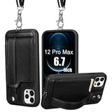 Wallet Case For Iphone 12 Pro Max Lanyard Case With Pu Leather Kickstand Detachable Neck Strap Cover For Iphone 12 Pro Max 6.7" For Men Women Black