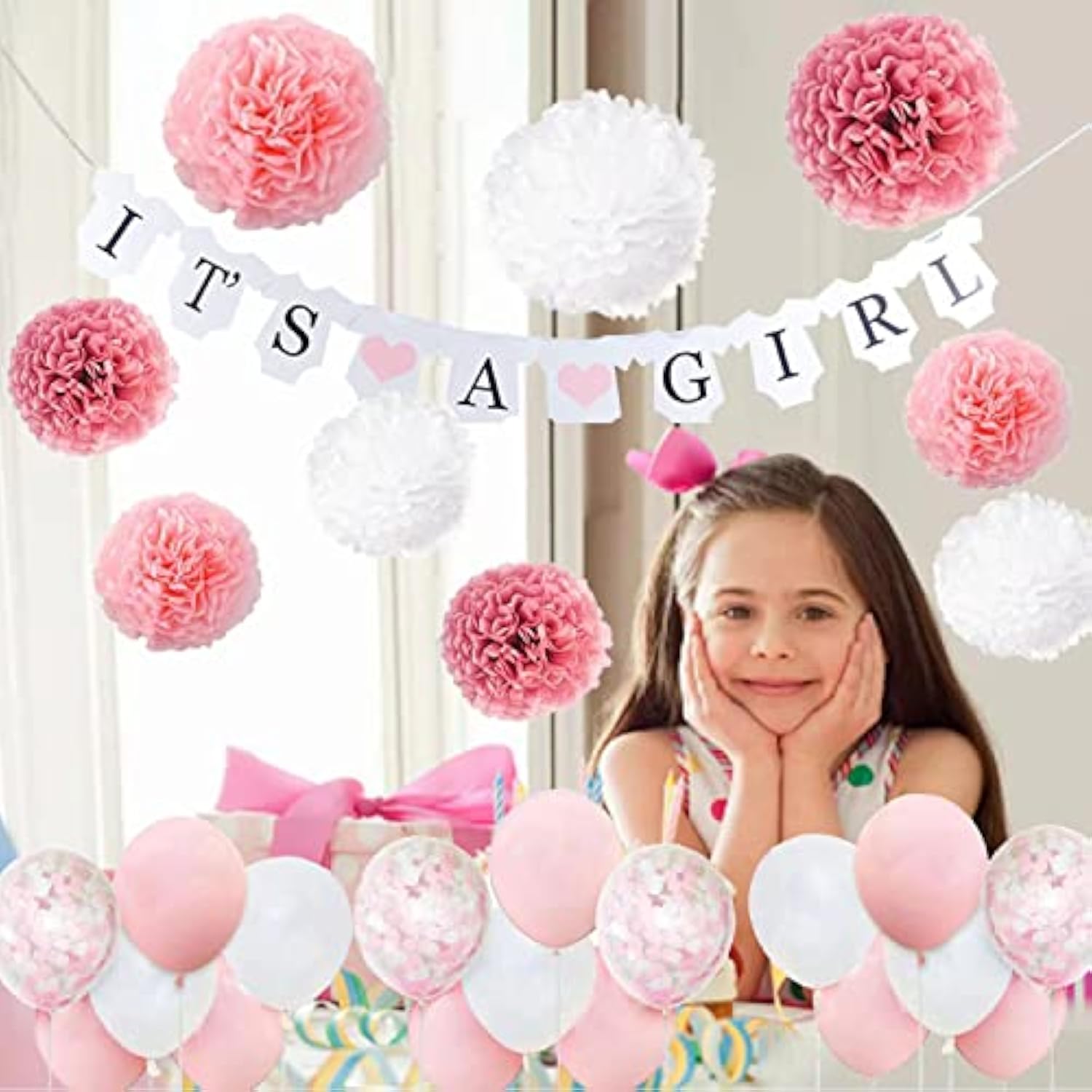 27pcs Pink Baby Shower Decorations – Banner, Balloons, Pom Poms & Confetti Set
