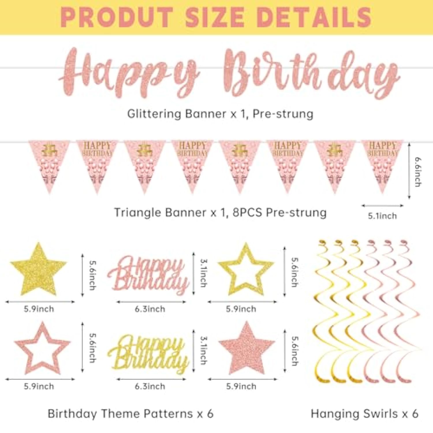 Pink Rose Gold Birthday Decorations For Girls Women, Happy Birthday Banner Stars Hanging Swirls Happy Bday Decoration Party Supplies Sign