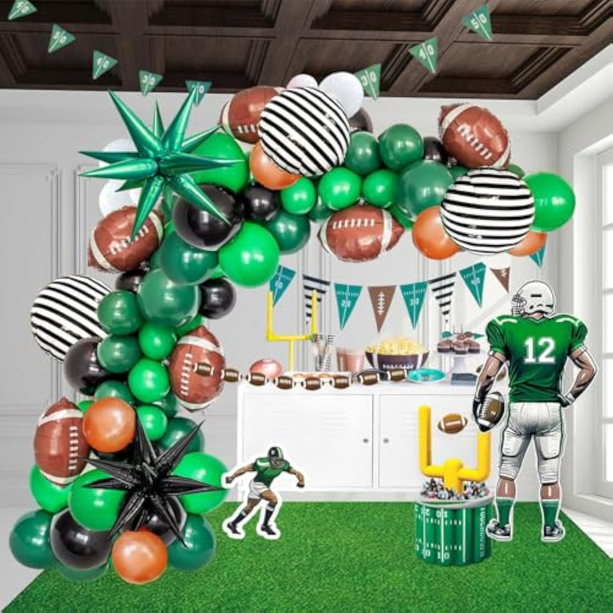 Football Balloon Garland Arch Kit Dark Green Brown Black Balloon Large Mylar Starburst For Sport Theme Super Bowl Touch Down Birthday Decorations