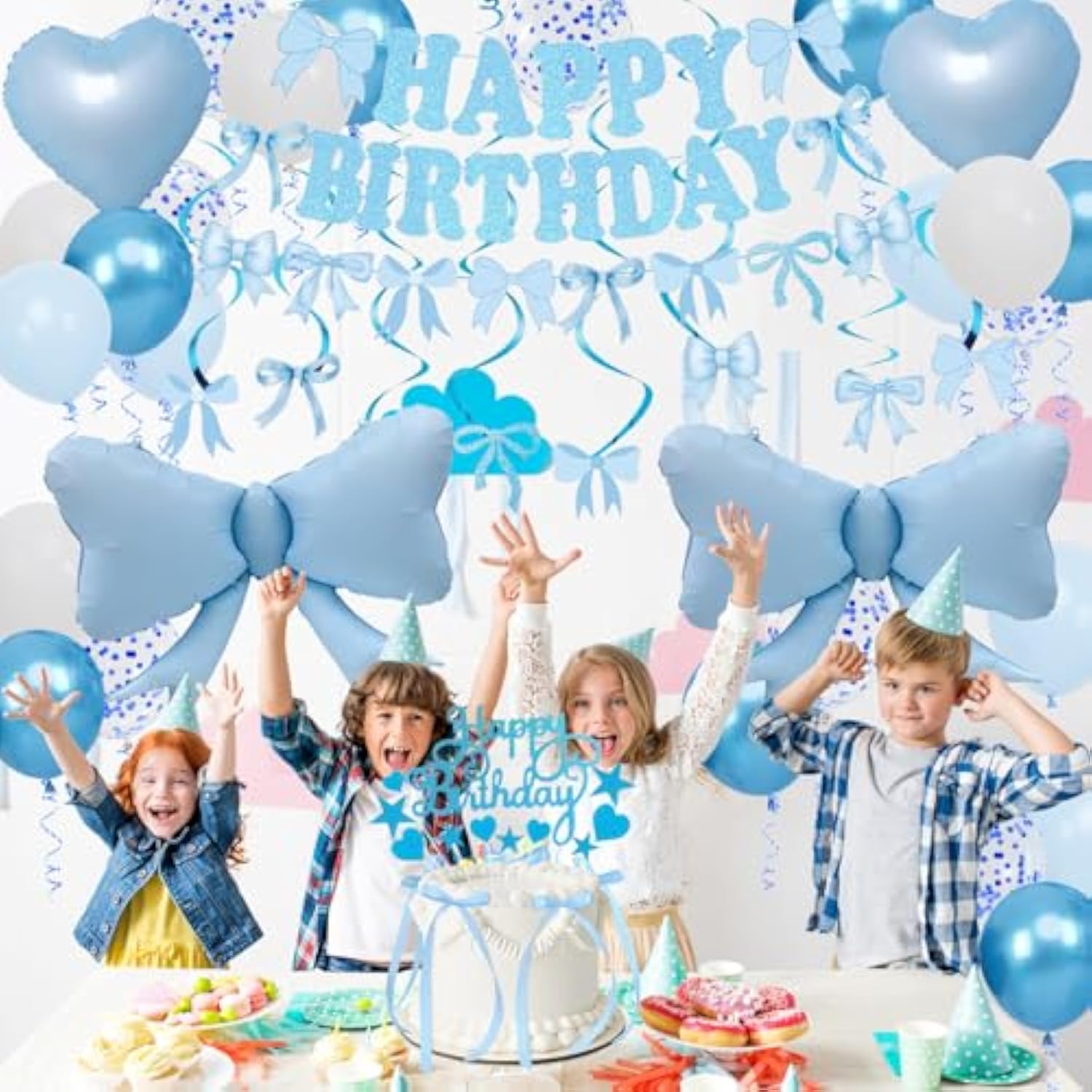 Blue Bow Birthday Decorations, Happy Birthday Banner Garland And Hanging Swirls, 28Pcs Balloons, Cake Toppers, Bow Themed Party Decorations For Girls Women