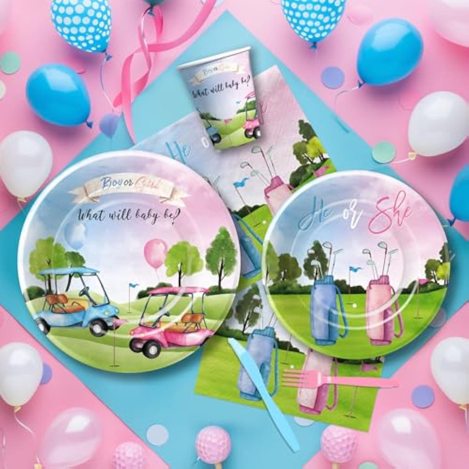Golf Gender Reveal Decorations Tableware, Blue Or Pink Golf Gender Reveal Party Supplies, He Or She Paper Plate, Cup, Napkin, Cutlery, Serve 24