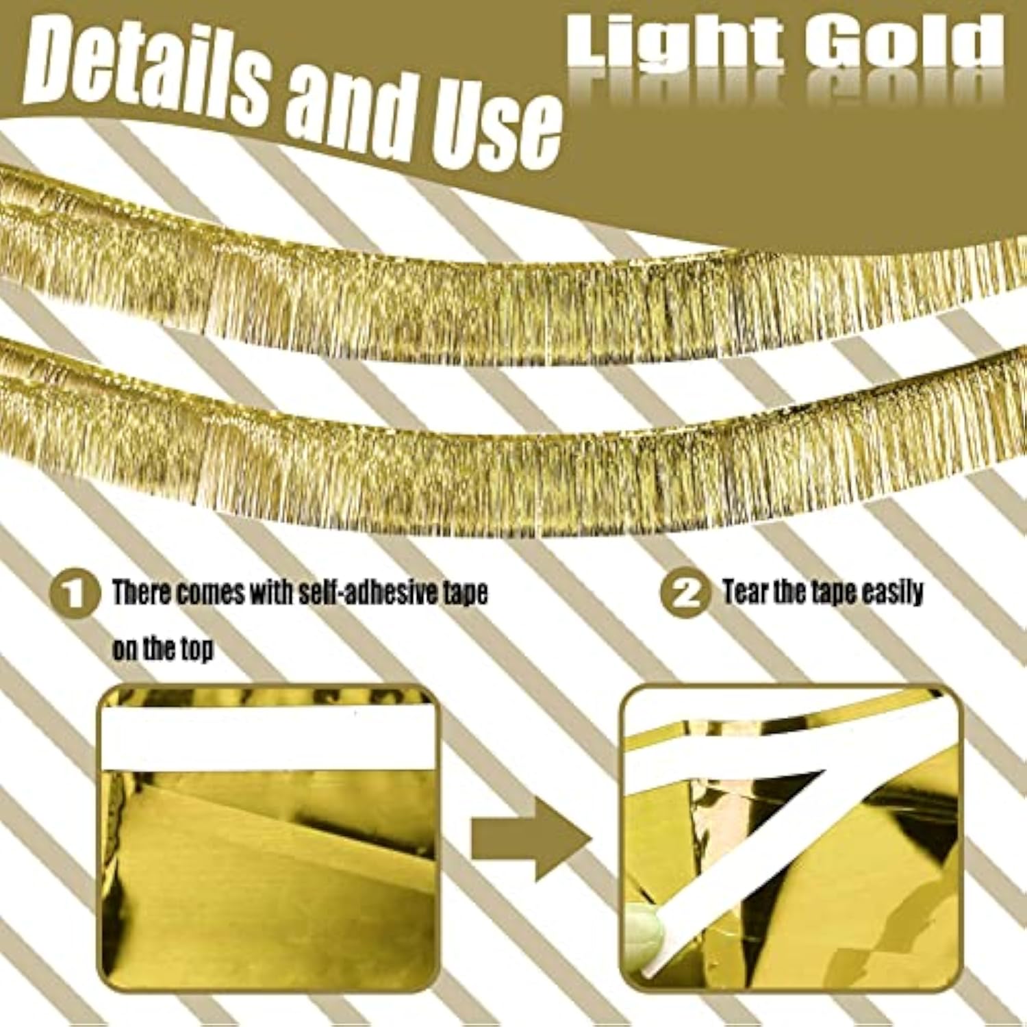 6 Pack 10 Feet Foil Fringe Garland Metallic Tinsel Streamers Banner Wall Hanging Curtain Backdrop Banner For Parade Floats, Thanksgiving, Christmas, Birthday, Halloween Party Decorations(Light Gold)