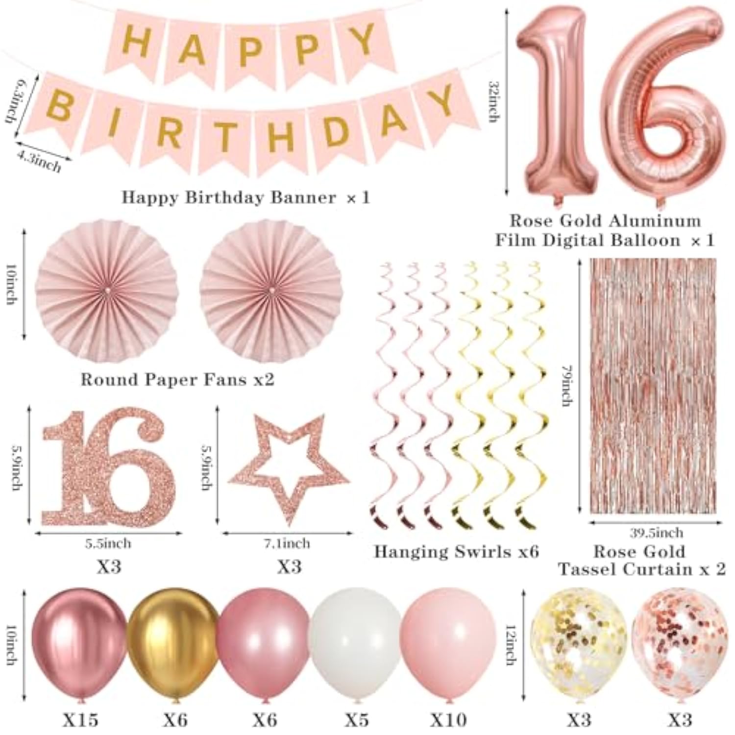 60Pcs 16Th Birthday Decorations Kit For Girls Women, Pink Rose Gold Happy 16Th Birthday Banner, Happy Sixteen Bday Foil Fringe Curtains Balloon Arch Hanging Swirl Party Supplies