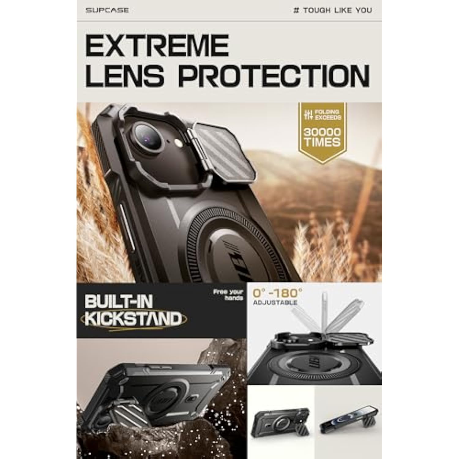 SUPCASE for iPhone 16e/15/14/13 Case with Camera Cover Stand (UBMag XT), [Compatible with MagSafe] [Built-in Kickstand] [Military-Grade Protection] Heavy Duty Magnetic Case for iPhone 16e 6.1", Black