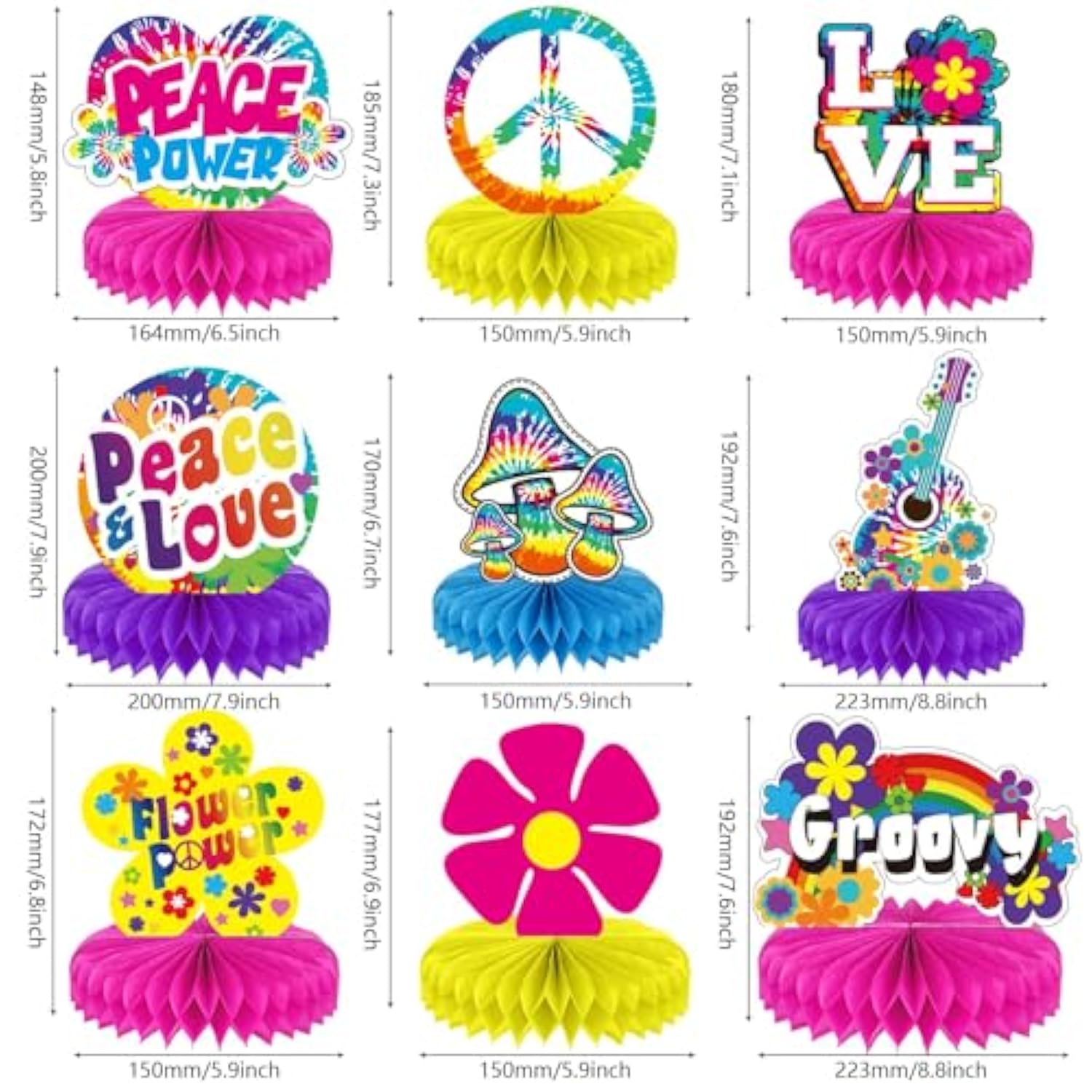 60'S Hippie Party Honeycomb Centerpieces 70'S Themed Party Supplies Table Decor Tie Dye Table Topper 9 Pieces Great For Birthday Baby Shower Groovy Decorations