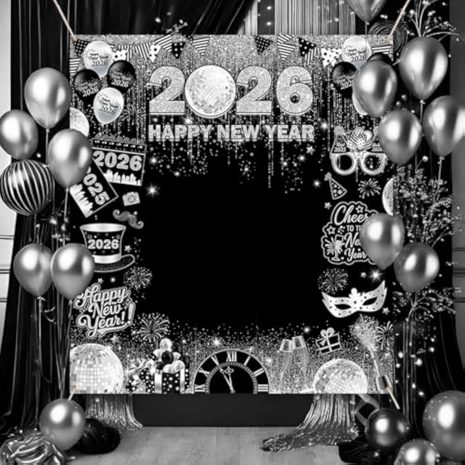 Happy New Year 2026 Photo Backdrop 70.8x78.7in Silver Disco Party Banner