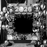 Happy New Year 2026 Photo Backdrop 70.8x78.7in Silver Disco Party Banner