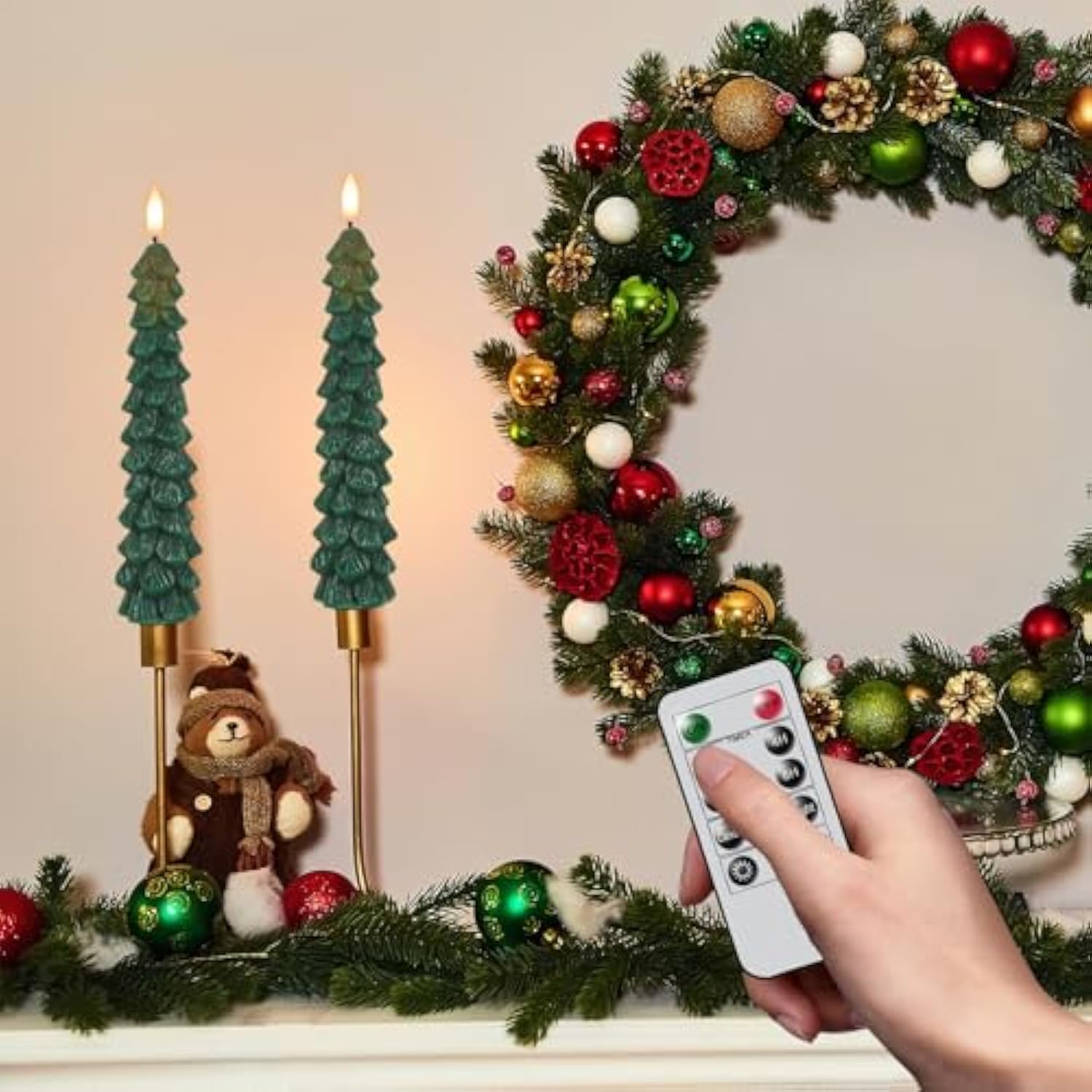 Christmas Tree Candles Battery Operated With Remote Timer, 4 Pcs Christmas Tree Flameless Taper Candles With 3D Flickering Flame, Green Led Tree Candlesticks For Christmas Home Winter Decor