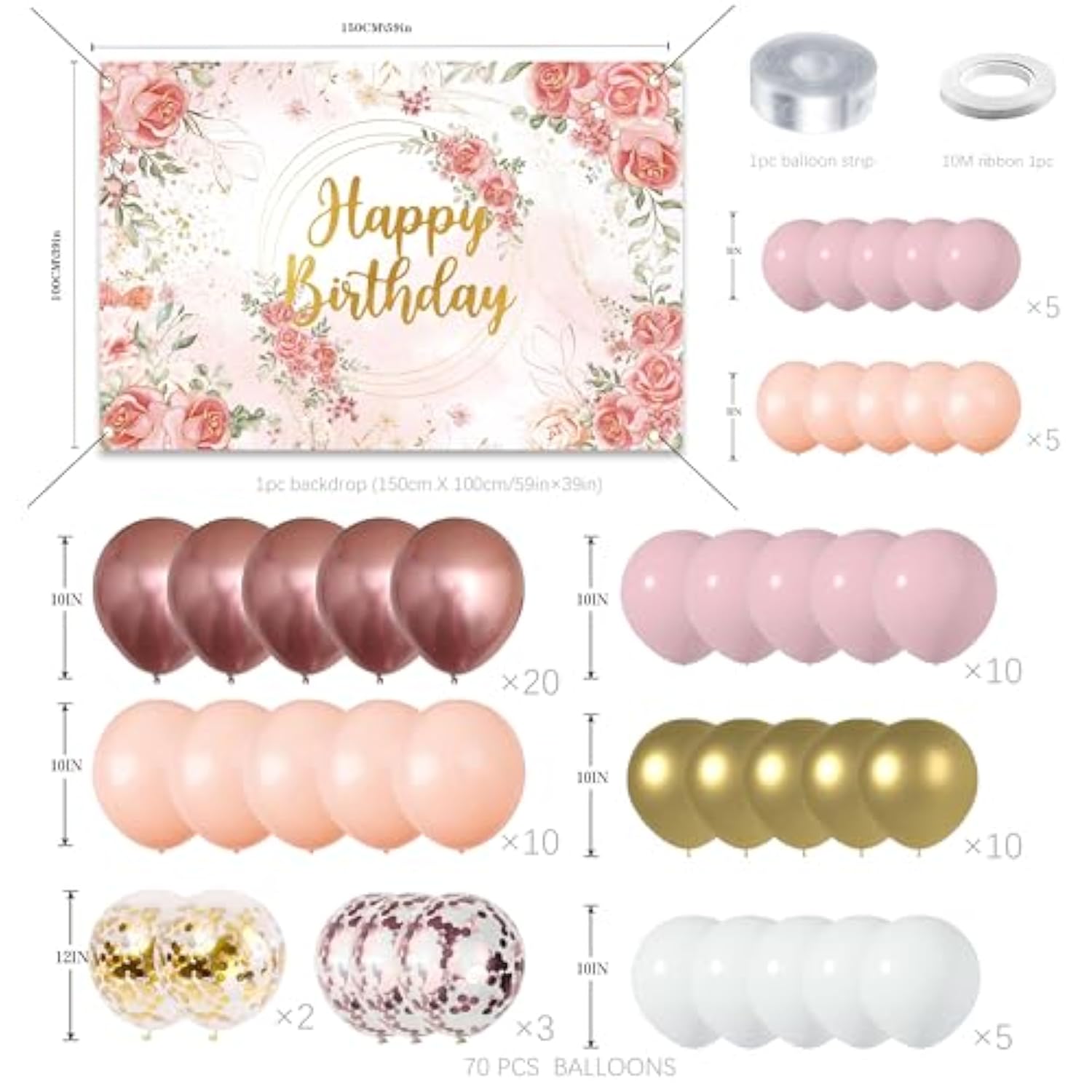 Rose Gold Floral Birthday Decorations Balloon Garland Kit Pink White Gold Confetti