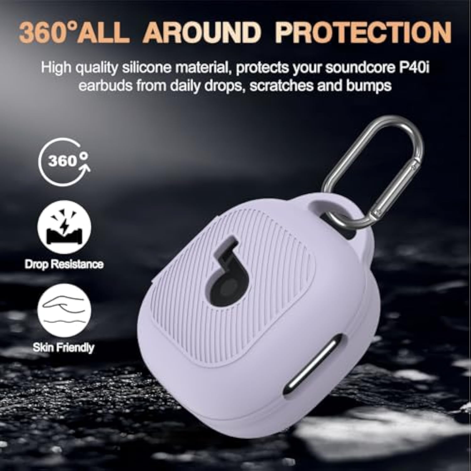 Anker Soundcore P40i Case Cover, Soft Silicone Case for Soundcore P40i Earbuds with Shockproof Protective Skin Cover and Carabiner, Front LED and Logo Visible, Purple