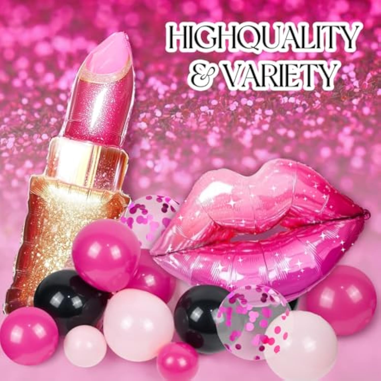 Hot Pink & Black Birthday Decorations With Confetti & Foil Balloons, Fringe Curtains For Happy Birthday Celebrations