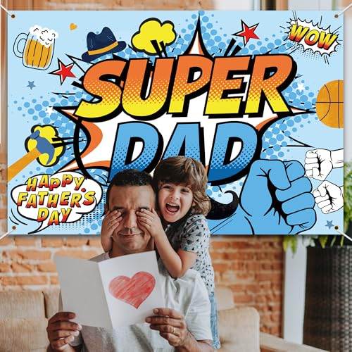 Happy Father's Day Banner Backdrop Super Dad Theme Background Decor for Happy Father's Day Festival Party Celebration Photography Photo Prop Decorations Supplies 72x43in-