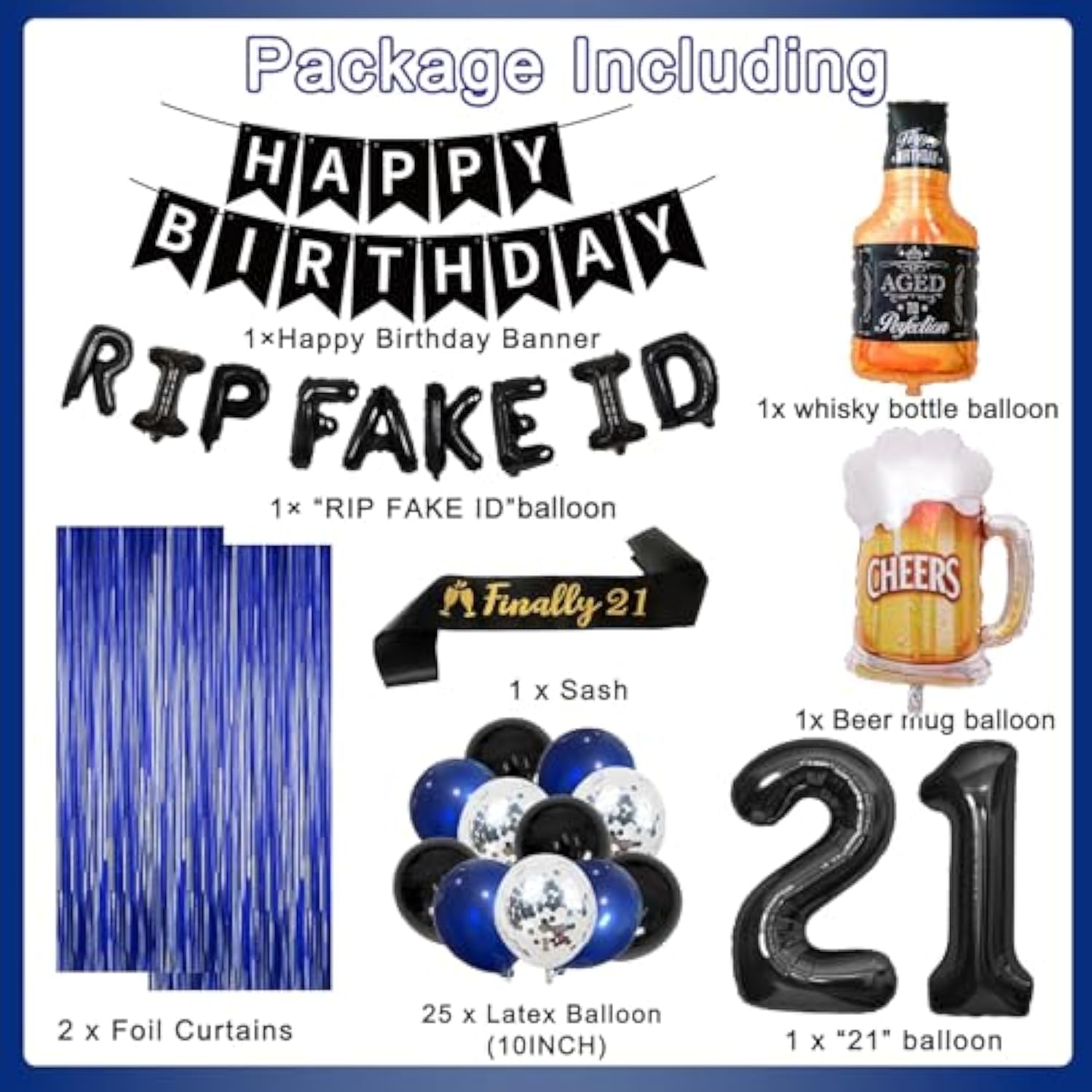 21St Birthday Party Decorations, Blue And Black Happy 21St Birthday Sash Banner Balloons Fringe Curtain Kit For Her Him, 21 Years Old Party Background Backdrop
