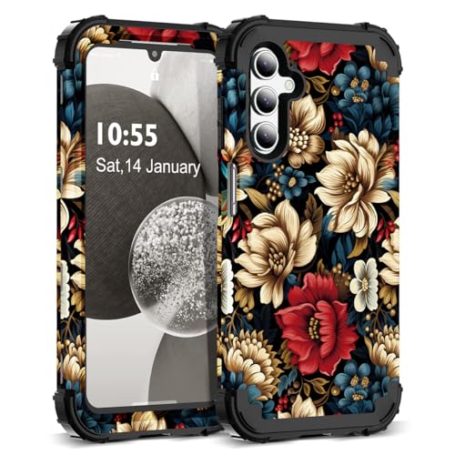 for Galaxy S24 Plus Case,3 in 1 Floral Pattern Heavy Duty Shockproof Soft Silicone Rubber Bumper+Hard Plastic Hybrid Protective Cover for